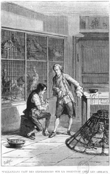 Abt Lazzaro Spallanzani (1729-99) onderzoekt de fysiologie van de spijsvertering bij vogels, illustratie uit 